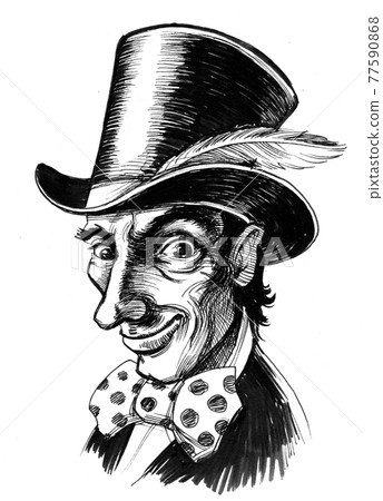 Mad Hatter character. Ink black and white drawing Mad Hatter character. Ink black and white drawing 77590868