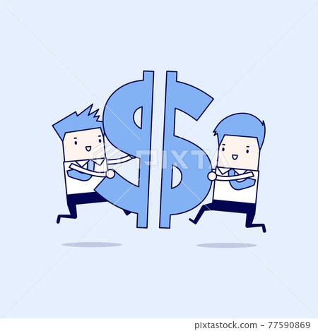 Two businessmen pushing a pieces of dollar sign together. Cartoon character thin line style vector. Two businessmen pushing a pieces of dollar sign together. Cartoon character thin line style vector. 77590869