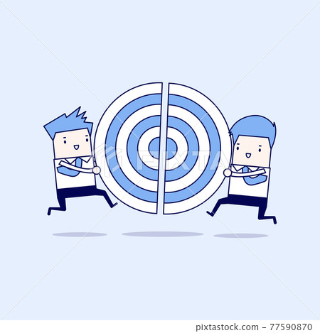 Two businessmen running and push a pieces of target. Cartoon character thin line style vector. Two businessmen running and push a pieces of target. Cartoon character thin line style vector. 77590870