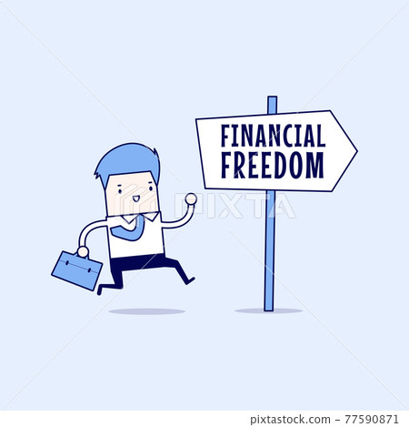 Businessman with Financial Freedom sign. Cartoon character thin line style vector. Businessman with Financial Freedom sign. Cartoon character thin line style vector. 77590871