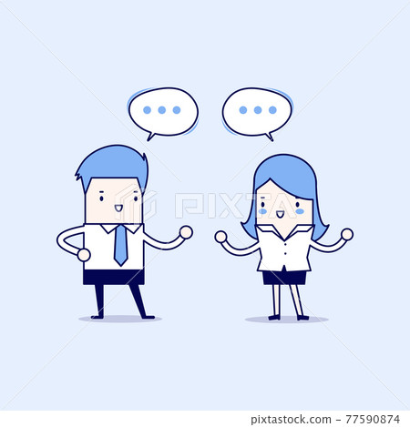 Businessman and businesswoman discussing about business strategy at office. working together and teamwork. Cartoon character thin line style vector. Businessman and businesswoman discussing about business strategy at office. working together and teamwork. Cartoon character thin line style vector. 77590874
