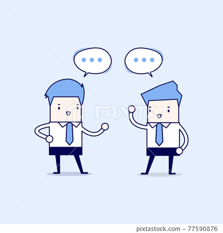 Two businessmen talking and discussing about business strategy. Cartoon character thin line style vector. Two businessmen talking and discussing about business strategy. Cartoon character thin line style vector. 77590876