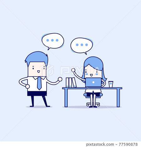 Businessman and businesswoman discussing about business strategy at office. working together and teamwork. Cartoon character thin line style vector. 77590878