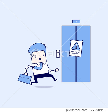 Businessman are running to the elevator. But the elevator is out of service. Cartoon character thin line style vector. 77590949