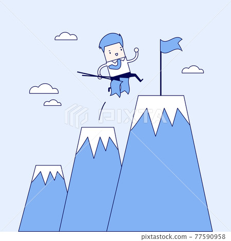 Businessman climbing up mountains or cliffs and moving to final destination point. Cartoon character thin line style vector. 77590958