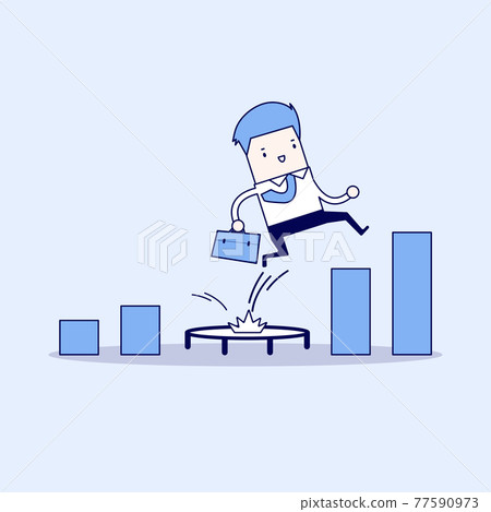 Businessman jumping from trampoline back to top of growing bar graph. Cartoon character thin line style vector. 77590973