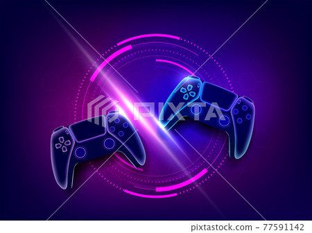 Neon game controllers or joysticks for game console. Neon game controllers or joysticks for game console. 77591142