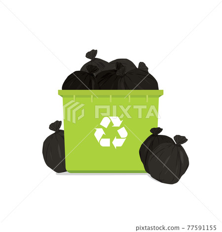 Overflowing green garbage bin with household waste isolated on white background. Overflowing green garbage bin with household waste isolated on white background. 77591155