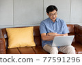 asian senior man using computer laptop at home 77591296