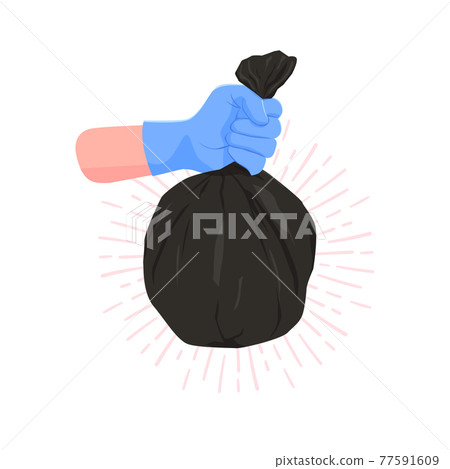 Hand was wearing blue gloves and was carrying a black garbage bag. Hand was wearing blue gloves and was carrying a black garbage bag. 77591609