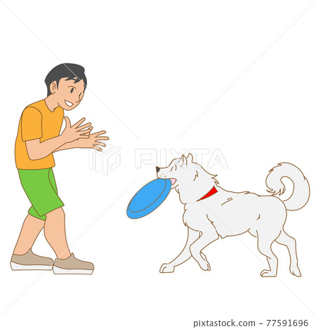 Boy playing with dog on disc Boy playing with dog on disc 77591696