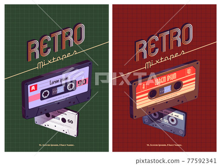 Retro mixtapes cartoon poster with audio mix tapes 77592341