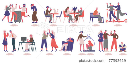Introvert and extrovert people. Unsocial and sociable men and woman, different psychological types vector illustration set. Extrovert and introvert characters Introvert and extrovert people. Unsocial and sociable men and woman, different psychological types vector illustration set. Extrovert and introvert characters 77592619