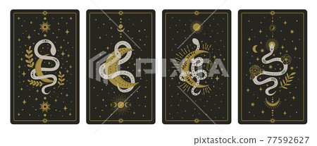 Magical snakes tarot cards. Occult hand drawn tarot cards, esoteric spiritual snakes wisdom symbol cards vector illustration set. Magic snake tarot cards Magical snakes tarot cards. Occult hand drawn tarot cards, esoteric spiritual snakes wisdom symbol cards vector illustration set. Magic snake tarot cards 77592627