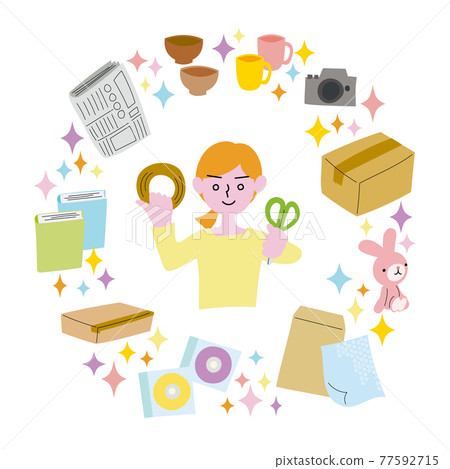 Illustration of a woman who devotes herself to cleaning up disused items and listing flea market apps Illustration of a woman who devotes herself to cleaning up disused items and listing flea market apps 77592715