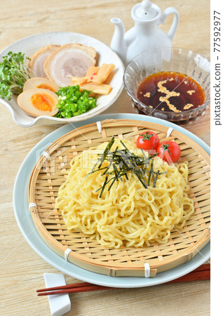 Zaru ramen, cold summer ramen (chilled ramen). Serve with boiled eggs, char siu and cinnamon. Japanese style who. Zaru ramen, cold summer ramen (chilled ramen). Serve with boiled eggs, char siu and cinnamon. Japanese style who. 77592977
