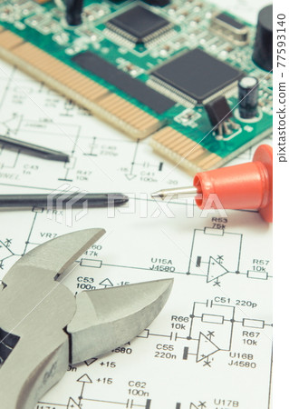 Circuit board with transistors, resistors, capacitor. Diagram of electronics Circuit board with transistors, resistors, capacitor. Diagram of electronics 77593140