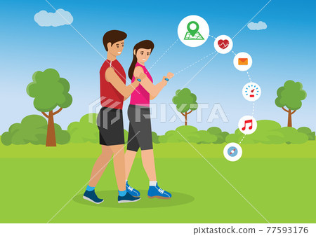 Marathon runners chat and review smartwatches by touching the screen. Running tracker has a smart watch app review icon cartoon vector illustration Marathon runners chat and review smartwatches by touching the screen. Running tracker has a smart watch app review icon cartoon vector illustration 77593176