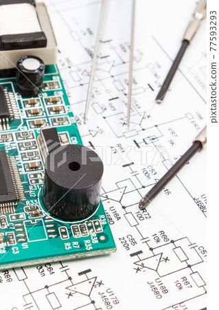 Circuit board with transistors, resistors, capacitor. Diagram of electronics and precision tools Circuit board with transistors, resistors, capacitor. Diagram of electronics and precision tools 77593293
