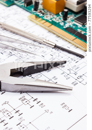 Printed circuit board, precision tools and diagram of electronics. Technology 77593294