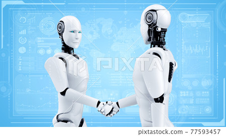 3D rendering humanoid robot handshake to collaborate future technology 3D rendering humanoid robot handshake to collaborate future technology 77593457