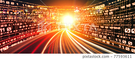 Digital data flow on road with motion blur to create vision of fast speed transfer 77593611