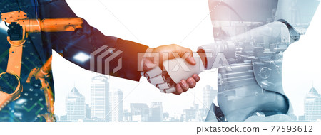 Mechanized industry robot and human worker working together in future factory 77593612