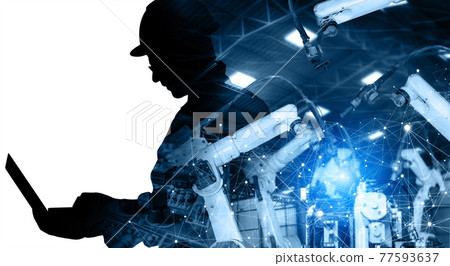 Mechanized industry of future factory double exposure image Mechanized industry of future factory double exposure image 77593637