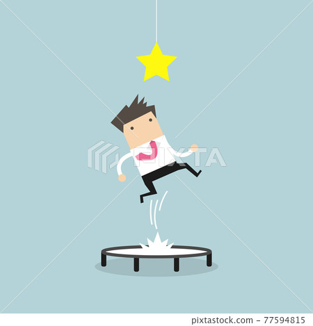 Businessman trying to catch the star by jumping on trampoline. Businessman trying to catch the star by jumping on trampoline. 77594815