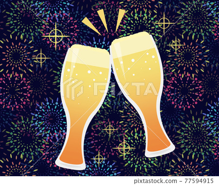 Fireworks background toast with a beer glass horizontal position Fireworks background toast with a beer glass horizontal position 77594915