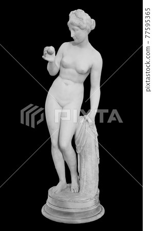 Ancient marble statue of a nude woman. Antique naked female sculpture. Sculpture isolated on black background Ancient marble statue of a nude woman. Antique naked female sculpture. Sculpture isolated on black background 77595365