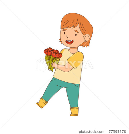Happy Girl in Rubber Boots Walking with Flower Bunch Engaged in Spring Season Activity Vector Illustration 77595378