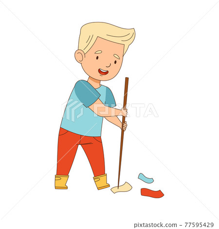 Cheerful Blond Boy Enjoying Spring Season Engaged in Litter Pick Gathering Rubbish with Stick Vector Illustration Cheerful Blond Boy Enjoying Spring Season Engaged in Litter Pick Gathering Rubbish with Stick Vector Illustration 77595429
