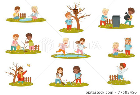 Cheerful Kids Enjoying Spring Season Splashing in Puddle, Planting Tree and Picking Litter Vector Set Cheerful Kids Enjoying Spring Season Splashing in Puddle, Planting Tree and Picking Litter Vector Set 77595450