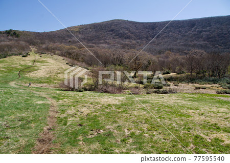 Spring Azumayama grassland mountain trail, Mt. Misen and mountaintop blue sky Spring Azumayama grassland mountain trail, Mt. Misen and mountaintop blue sky 77595540
