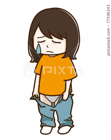 A woman who is sad because she can't put on her pants for the first time in a long time 77596343