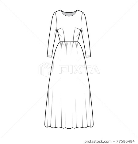 Dress long technical fashion illustration with long sleeve, fitted body, floor length full skirt. Flat apparel Dress long technical fashion illustration with long sleeve, fitted body, floor length full skirt. Flat apparel 77596494