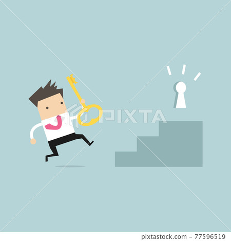 Businessman holding key and running to unlock keyhole. 77596519