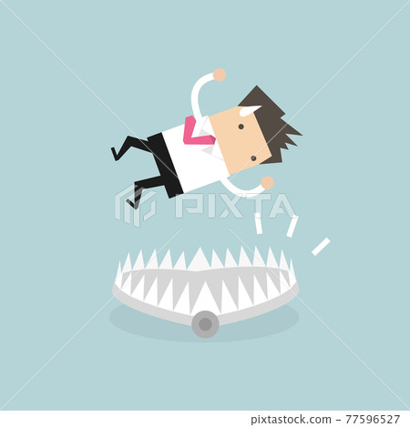 Businessman falling into bear trap. Businessman falling into bear trap. 77596527