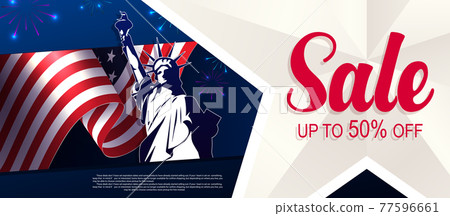 Blue festive illustration with America flag, bright fireworks, star silhouette, design component Blue festive illustration with America flag, bright fireworks, star silhouette, design component 77596661