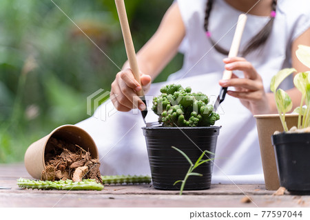 New Normal'A little girl planting trees. 77597044
