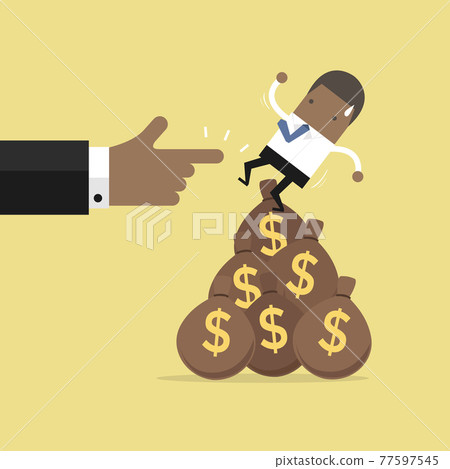 African businessman falling from money bag. African businessman falling from money bag. 77597545