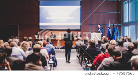 Speaker giving presentation on scientific business conference. 77597563