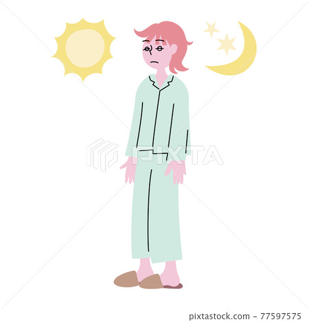 A woman in pajamas with a drowsy and vague expression that seems to be sleepy 77597575