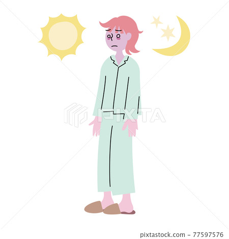 A woman in pajamas who can't sleep because she has a bad complexion due to lack of sleep with anxious expressions. 77597576