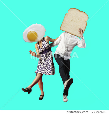 Modern design, contemporary art collage. Inspiration, idea, trendy urban magazine style. Bread and egg couple on bright background. 77597609