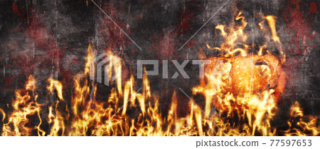 Halloween pumpkin, Jack O Lantern burning in flames in a haunted, scary ambient Halloween pumpkin, Jack O Lantern burning in flames in a haunted, scary ambient 77597653