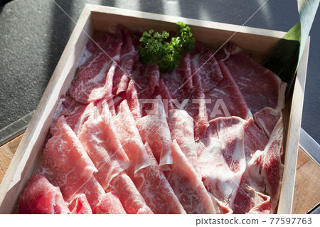 Raw red beef slice for Shabu and Sukiyaki Japanese style. Can use to create menu in the restaurant. 77597763