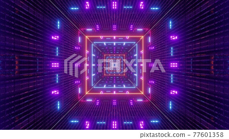 4K UHD 3D illustration of square tunnel with symmetric neon illumination 77601358