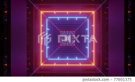 4K UHD 3D illustration of square neon ornament in tunnel 4K UHD 3D illustration of square neon ornament in tunnel 77601375